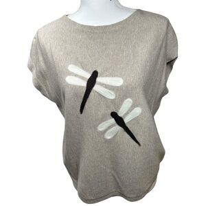 Aaeda Dragonfly Appliqué Rayon Blend Knit Top Medium Beige Short Sleeve Sweater